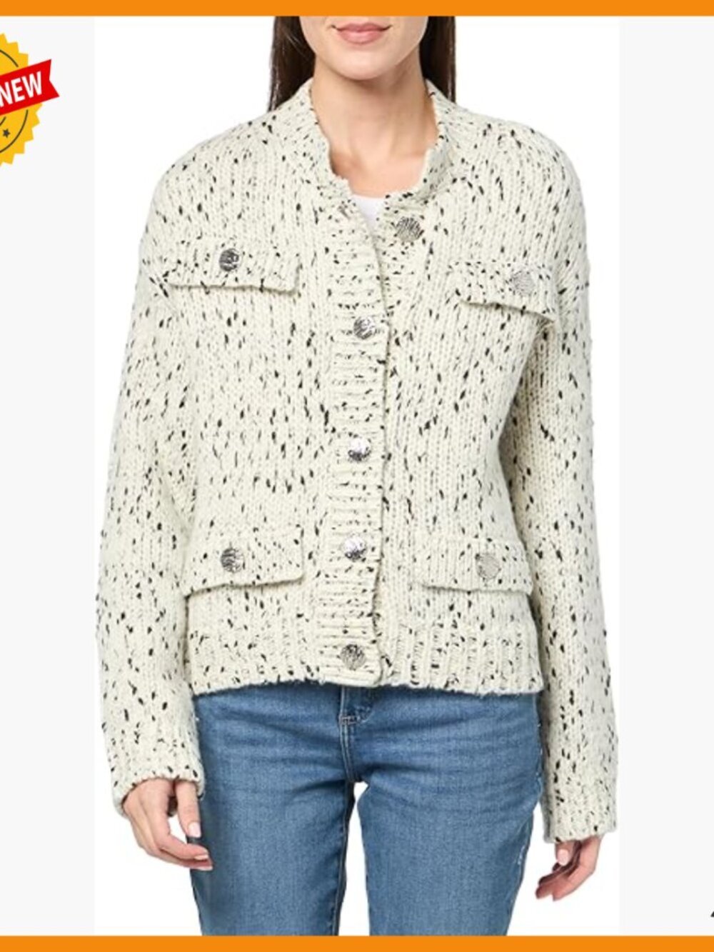 Thick Knit Cardigan with Large Buttons, Loose Fit, False Pocket Flaps